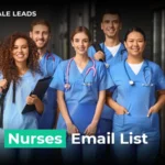 Nurses Email List banner featuring diverse healthcare professionals in blue scrubs for healthcare marketing