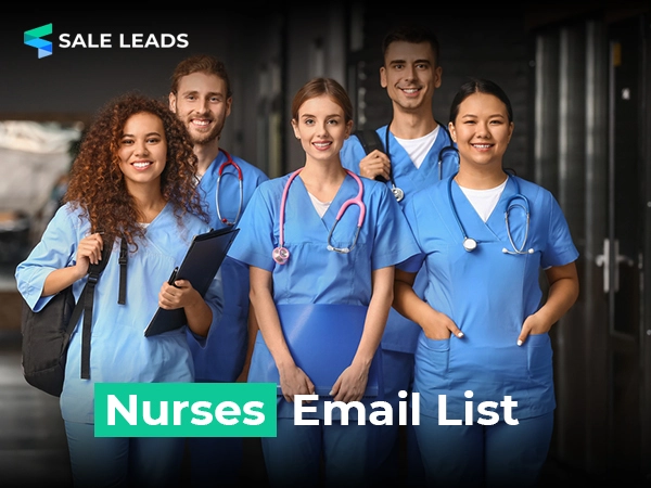 Nurses Email List banner featuring diverse healthcare professionals in blue scrubs for healthcare marketing